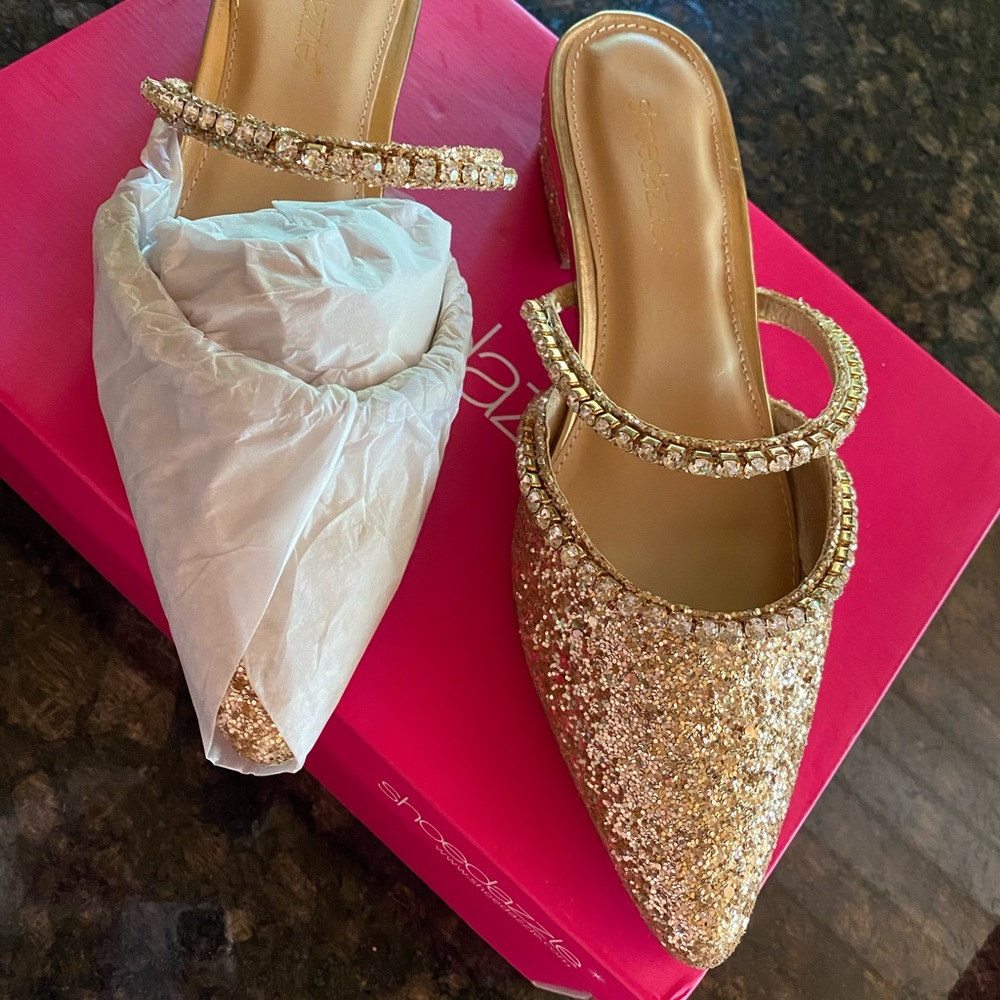 Gold sparkle pointed toe bedazzled heels